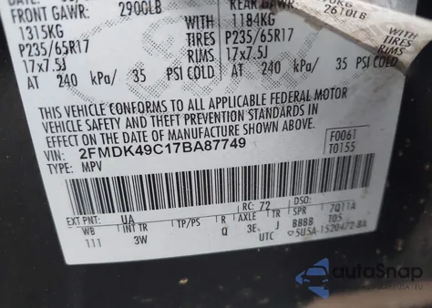 2007 Ford Edge Sel Plus из США, поврежденный, VIN 2FMDK49C17BA87749